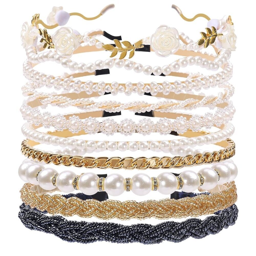 Metal and Beaded Headbands 10 Pack Women's Girls Slip-Resistant Elegant Accessor